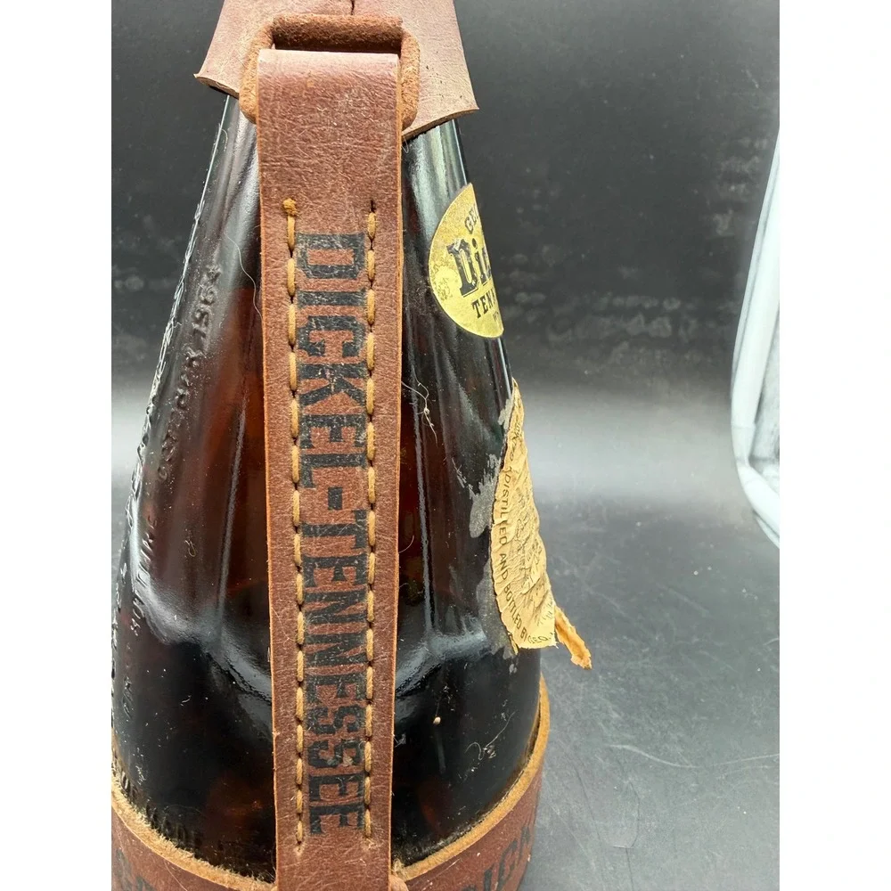 Vintage George Dickel Tennessee Whisky Powder Horn Amber Glass Bottle Leather